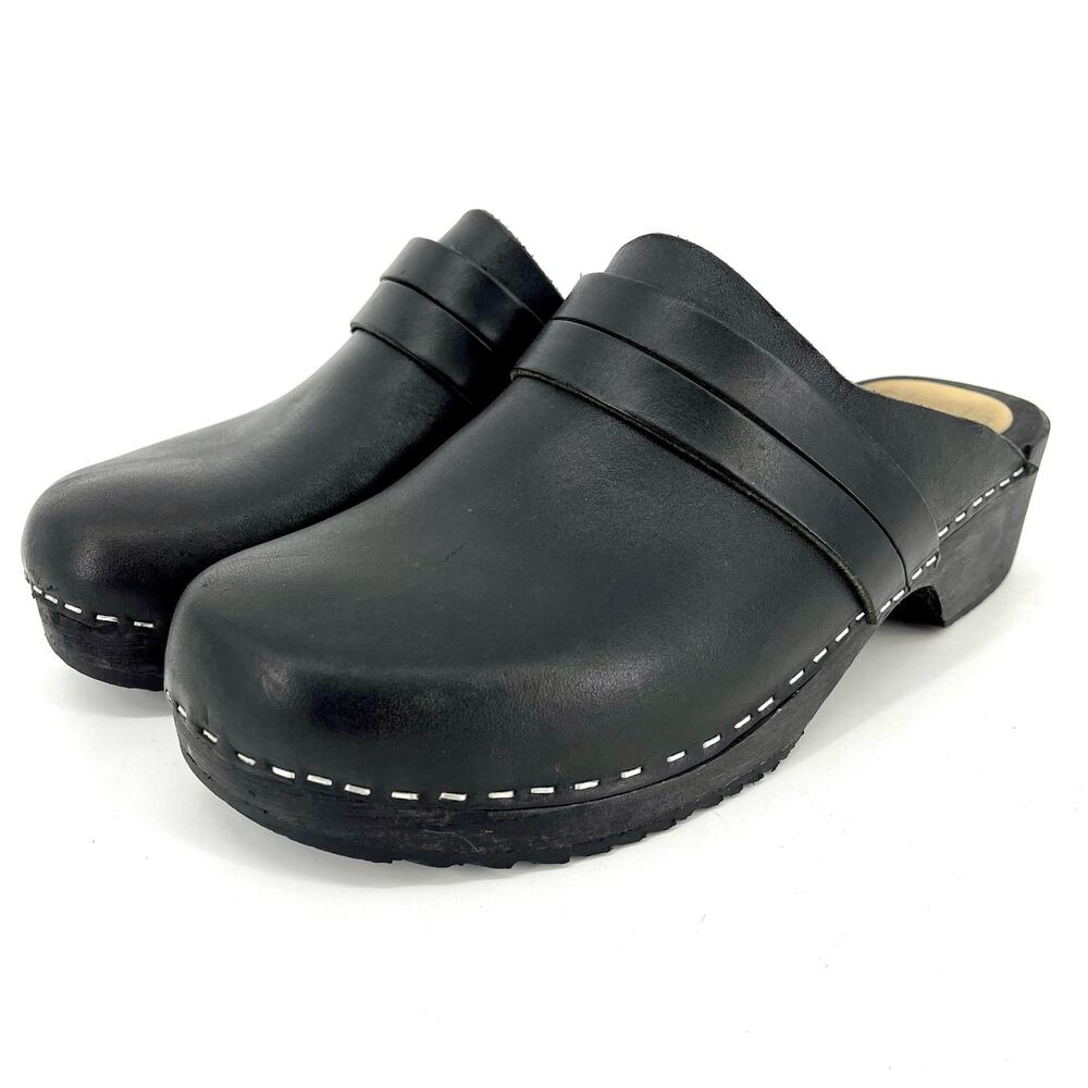 SKOLA Women's Annika Clog black leather wooden heel mules (41 / US10.5)